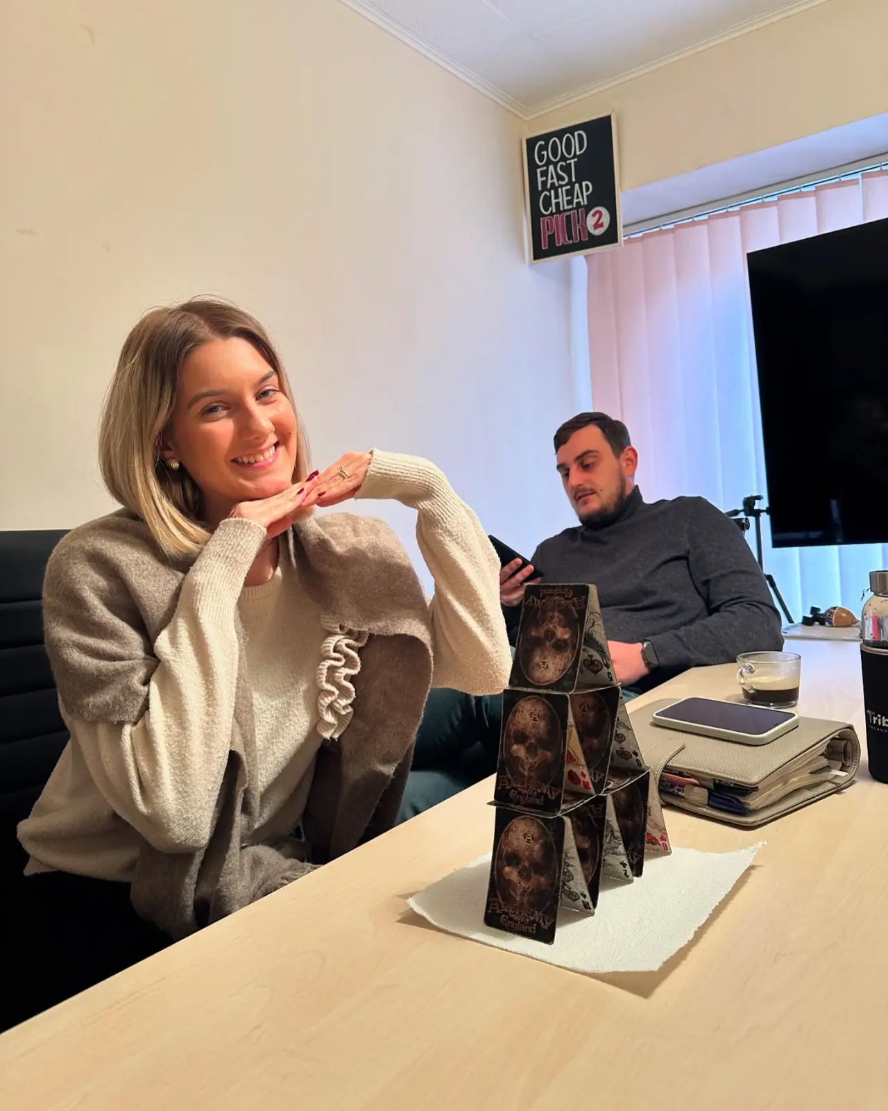 A relaxed evening at the studio, building a tower of cards